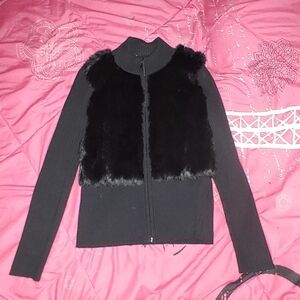 Black authentic fur sweater thick zip up new condition soft gorgeous s/m